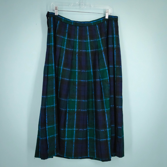 Pendleton Size 16 Green Plaid Paisley Print Pleated A Line Midi Wool Skirt - Picture 3 of 9